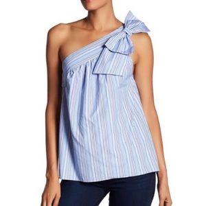Parker one shoulder bow blue striped shirt.